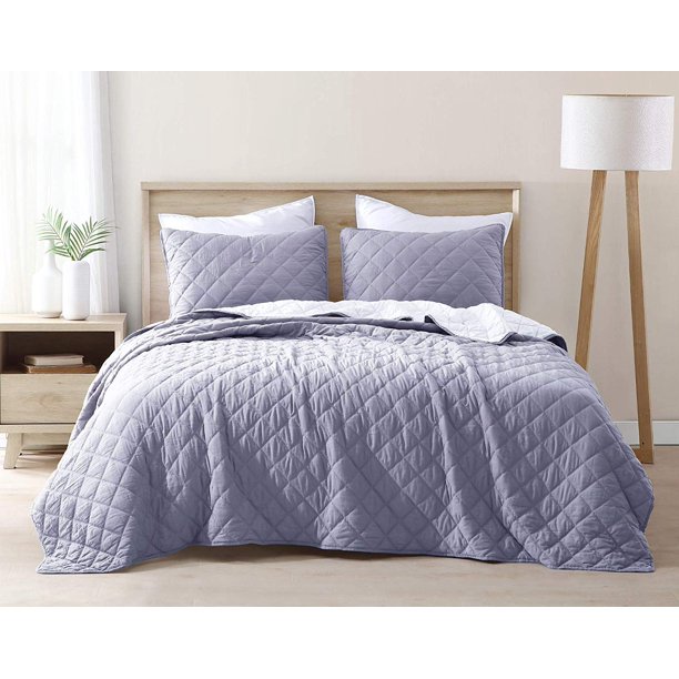 3-Piece Reversible Quilt Set, Soft Washed Microfiber Diamond Embroidered Bedspread Coverlet Set